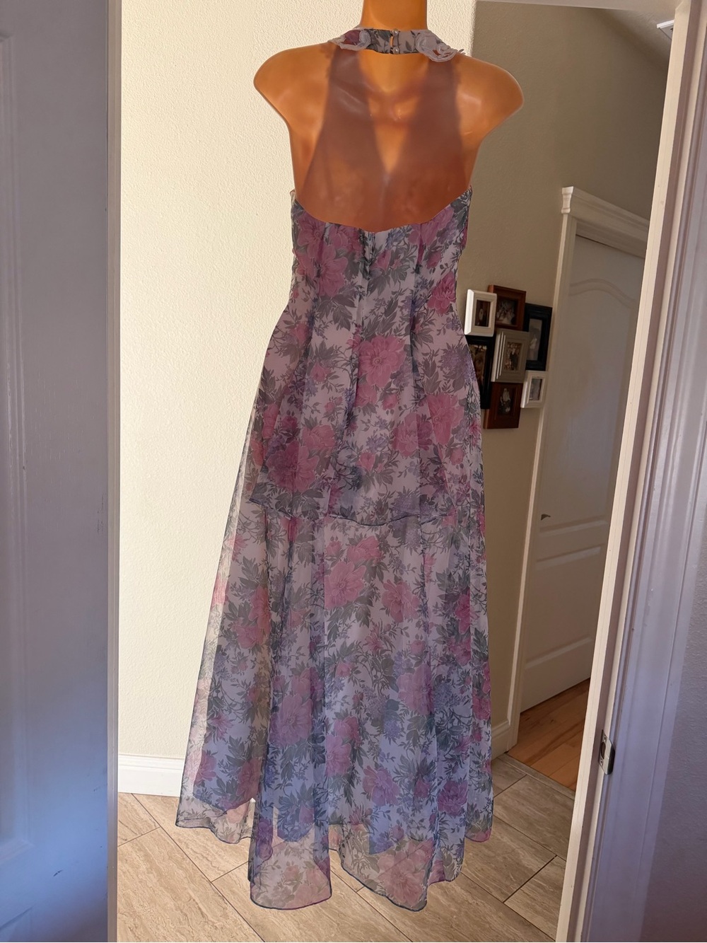Vintage 90s Scott McClintock Floral Fairycore Halter Maxi Dress Lace, S - Picture 9 of 15